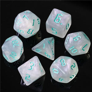 7pcs RPG Full Dice Set - Glitter in White Acrylic with Icy Font