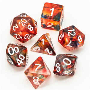 7pcs RPG Full Dice Set - Red & Black with Blue Swirl in Clear Resin