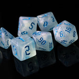 7pcs RPG Full Dice Set - Glitter in White Acrylic with Blue Font