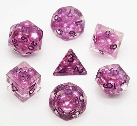7pcs RPG Full Dice Set - Purple Pearls in Clear Resin