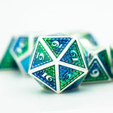 7pcs RPG Dice Set - Blue & Green in Silver Metal