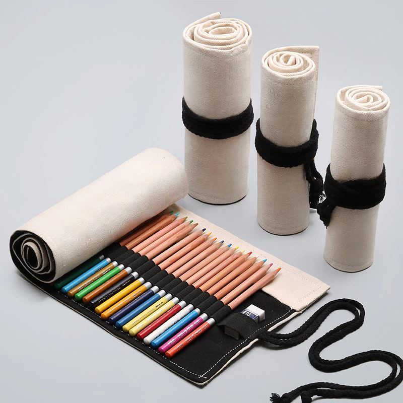 SagaSave Canvas Roll Up Pencil Case Paint Brush Colored Pencils Drawing Pen  Pouch Storage 12-72 Holes Black